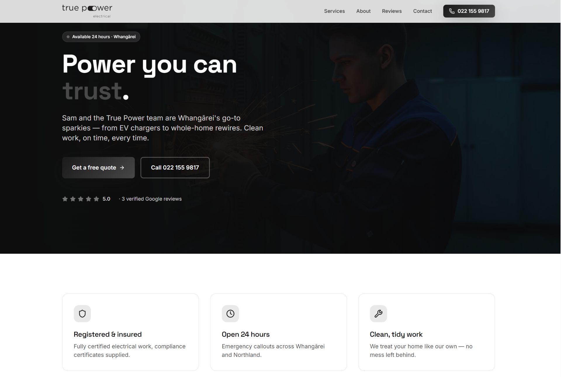 True Power Electrical website homepage, showing an electrician at work and a free quote call to action
