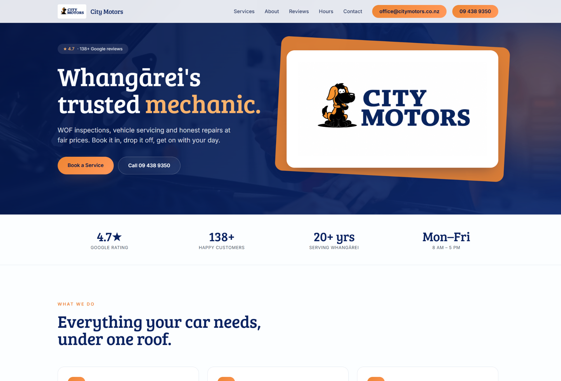 City Motors mechanic and WOF website homepage, showing the City Motors bulldog logo and workshop hours