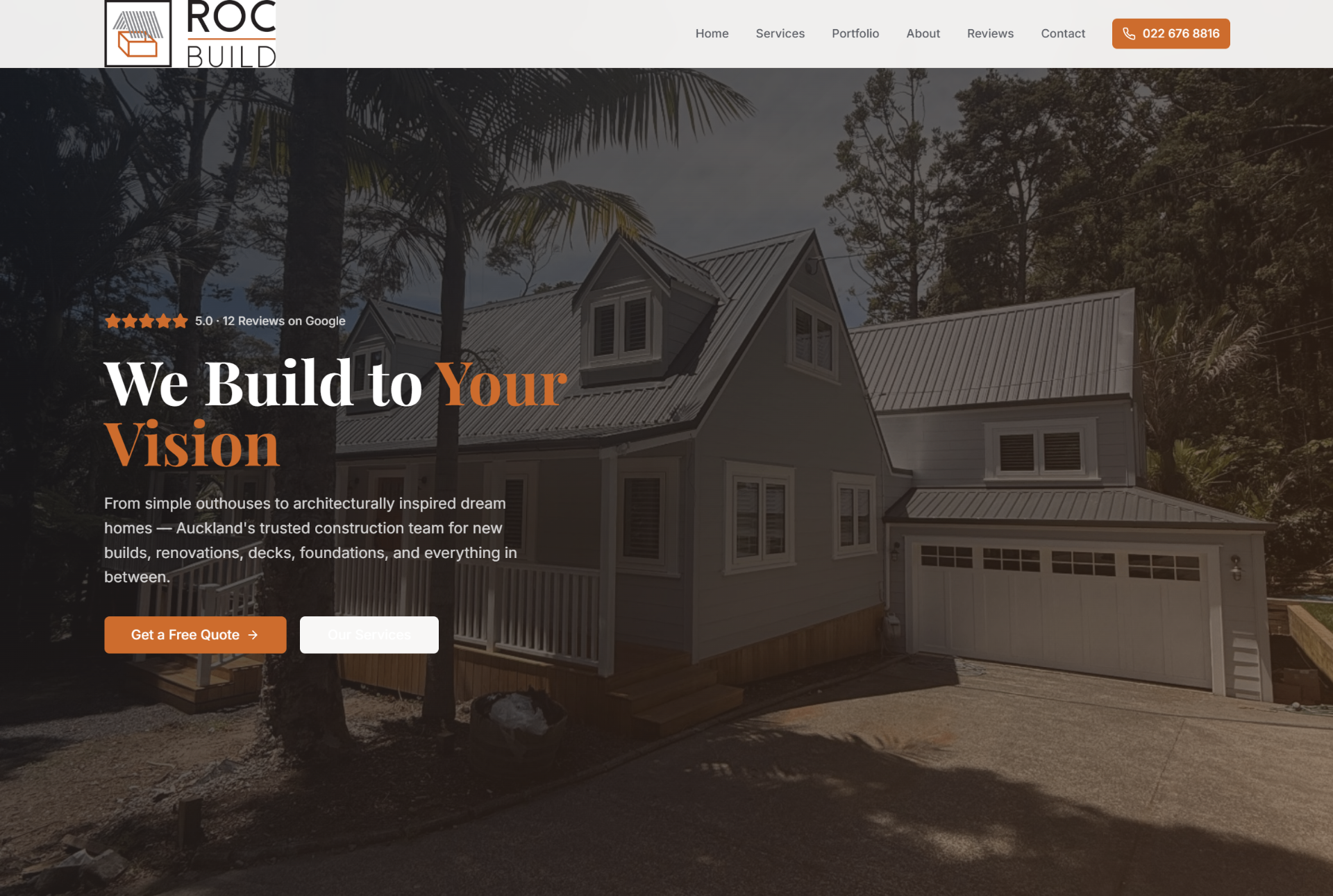 ROC Build residential construction website homepage, showing a completed home and a request-a-quote call to action